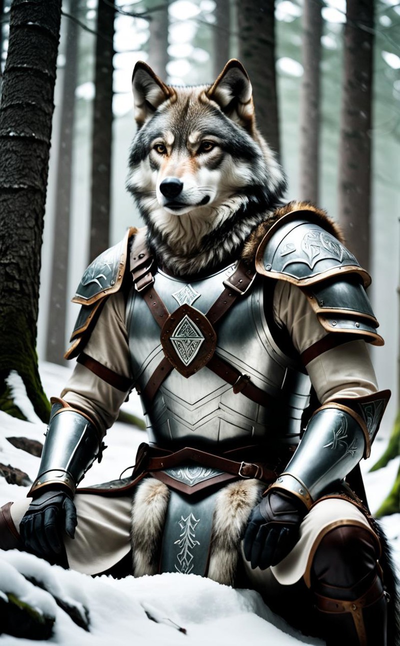 cinematic film still, wolf sitting, wild, forrest, snow, rune armor, rune glass armor